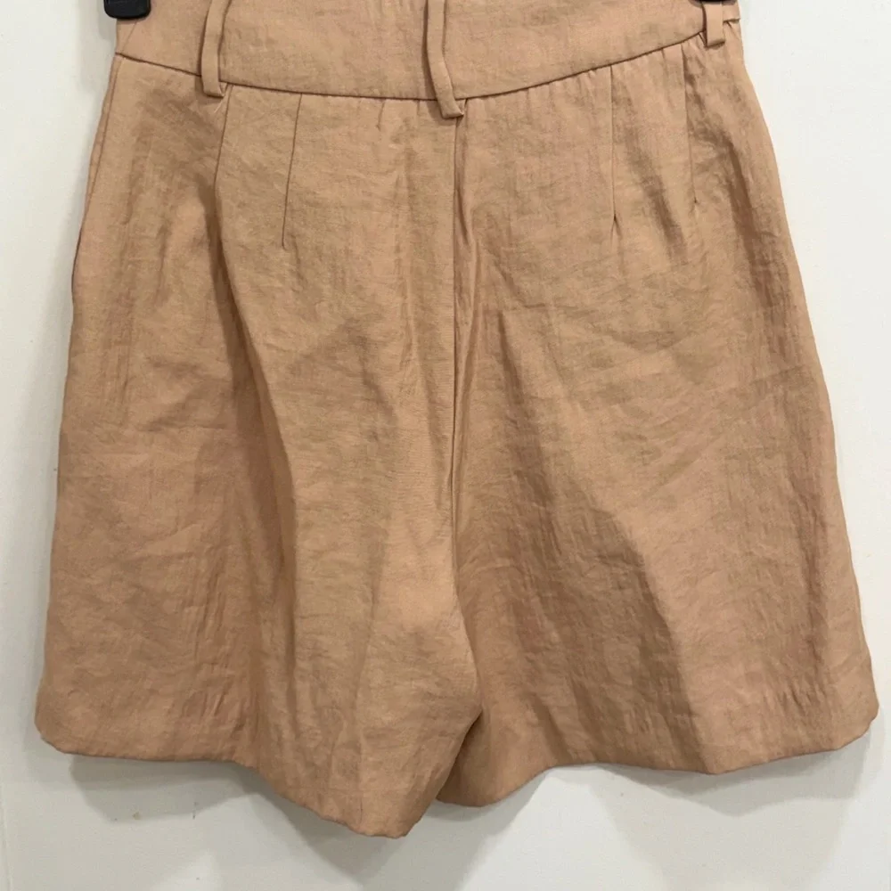 Zara Tan Pleated High-Waist Bermuda Shorts